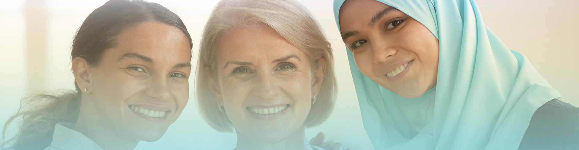 Three happy beautiful diverse two generation women young asian muslim woman wear hijab and caucasian older mature female multicultural ladies bonding standing together looking at camera, portrait; Shutterstock ID 1536232268; purchase_order: -; job: -; client: -; other: –