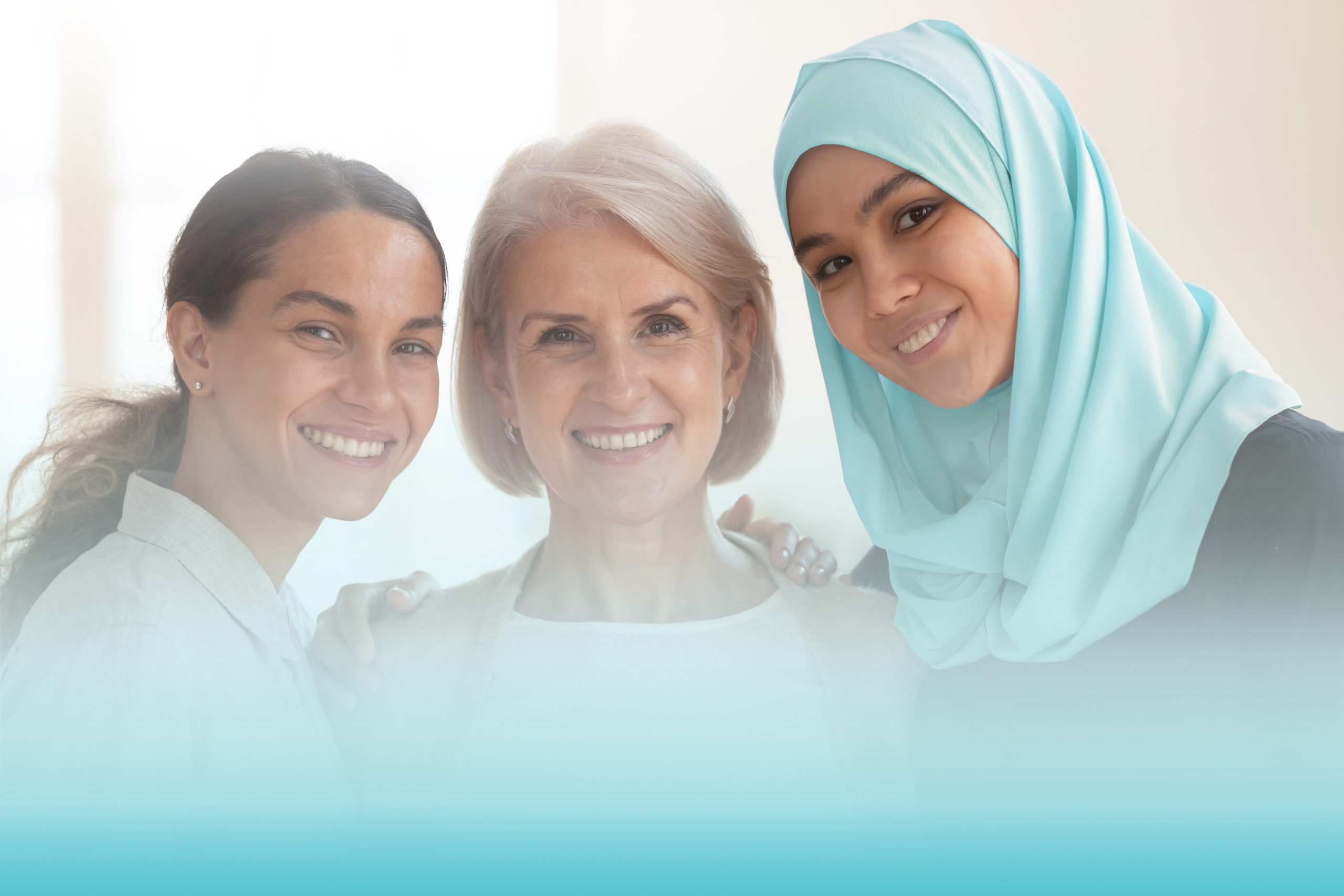 Three happy beautiful diverse two generation women young asian muslim woman wear hijab and caucasian older mature female multicultural ladies bonding standing together looking at camera, portrait; Shutterstock ID 1536232268; purchase_order: -; job: -; client: -; other: –